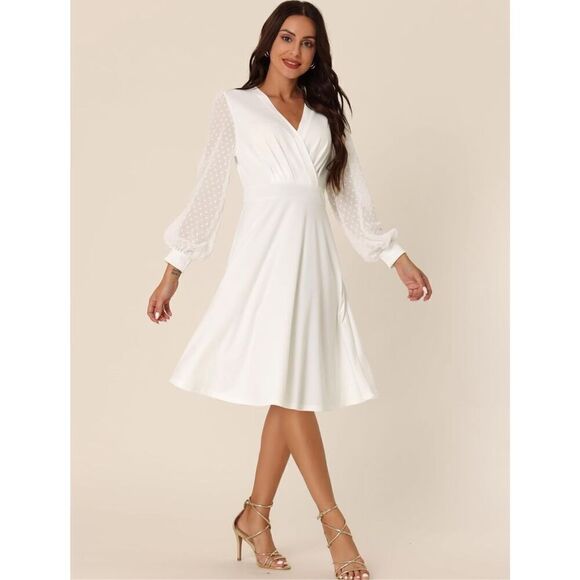 NEW Long Sleeve Swiss Dots Wrap V Neck Knee Length Dress S - Picture 2 of 7